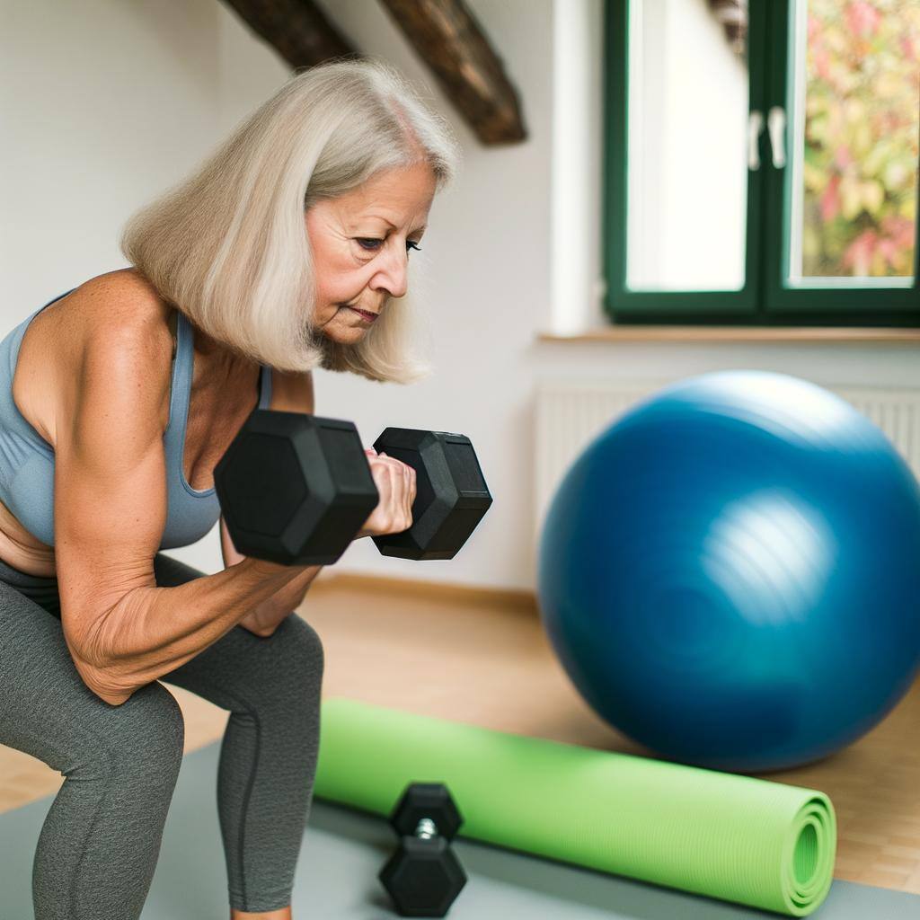 An older adult performing strength training exercises at home with dumbbells, a stability ball, and a yoga mat