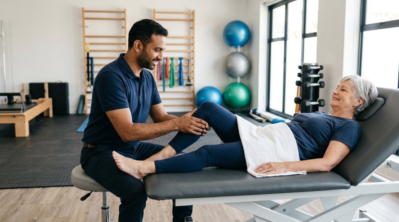 Therapist gently mobilizing an older woman's knee on a treatment table in Salem, Oregon