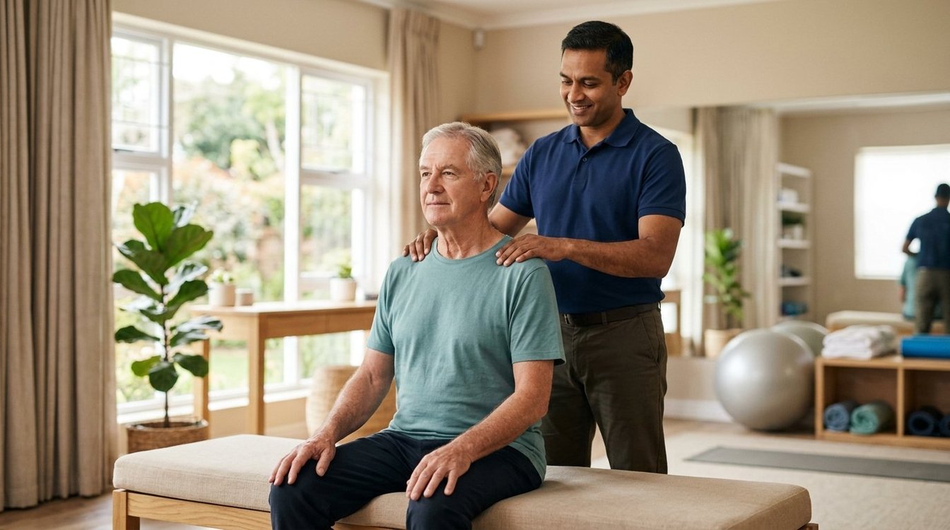 Therapist assessing an older man's spine and posture at a Salem, Oregon physical therapy clinic