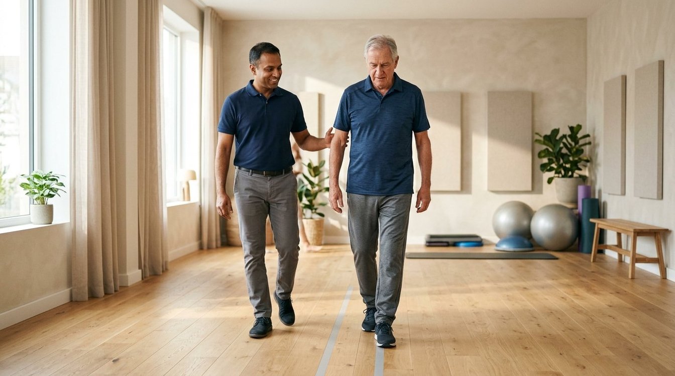 Physical therapist steadying an older man as he practices heel to toe walking in Salem, Oregon