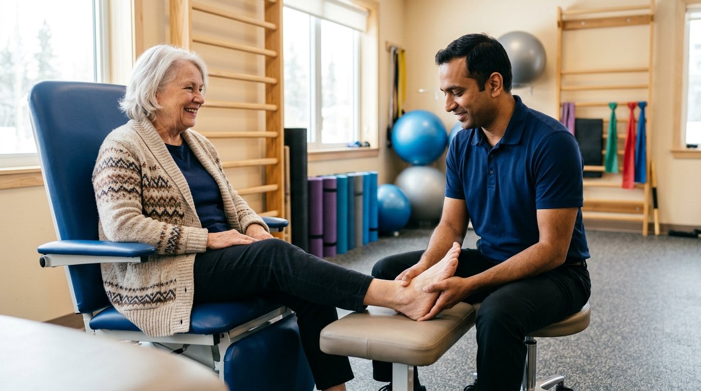 Physical therapist treating an older woman's heel and arch during foot pain therapy in Salem, Oregon