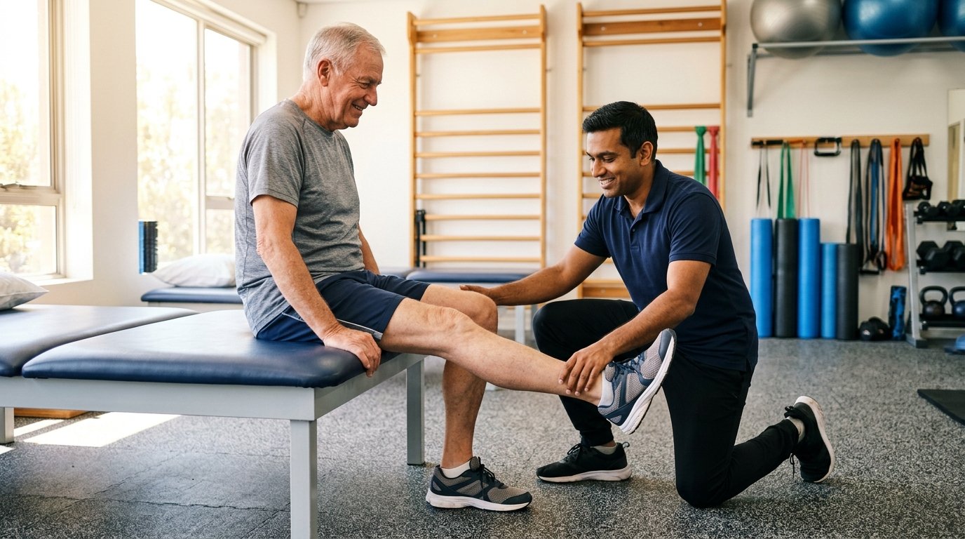 Older man straightening his knee with his therapist's guidance after knee replacement surgery in Salem, Oregon
