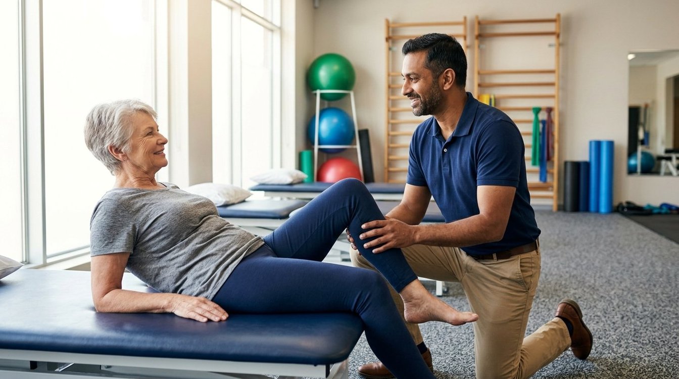 Therapist supporting an older woman's leg as she rebuilds knee movement after surgery at a Salem, Oregon clinic