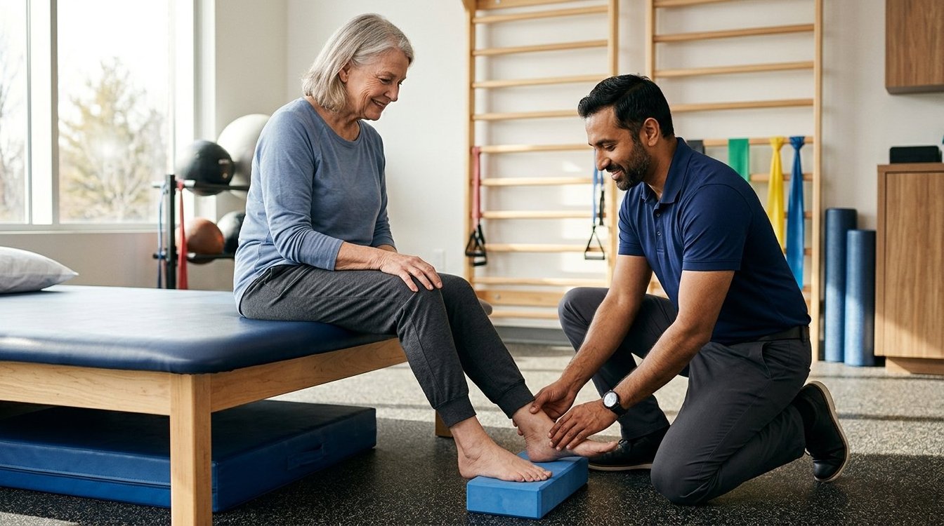 Physical therapist testing sensation in an older patient's foot during neuropathy care at a Salem, Oregon clinic