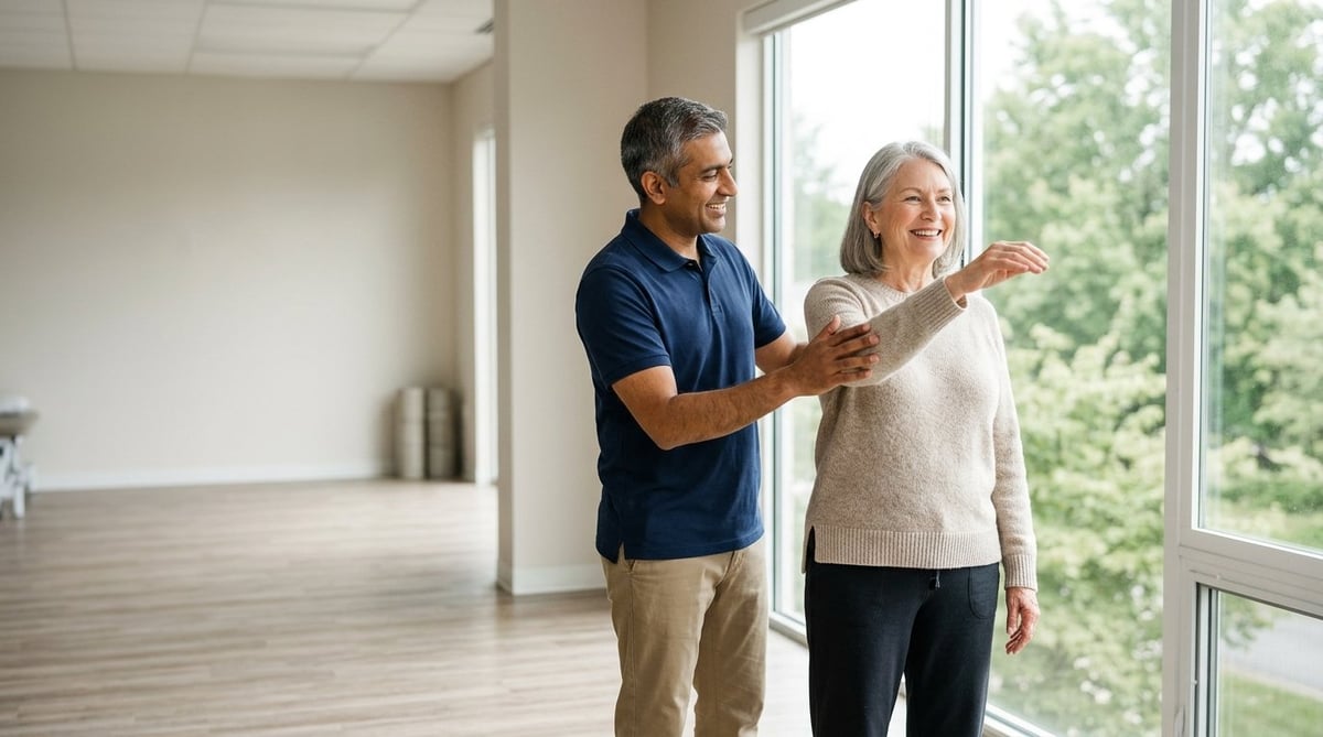 Dr. Raj Pusuluri guiding an older woman through a standing exercise at HWY Physical Therapy in Salem, Oregon