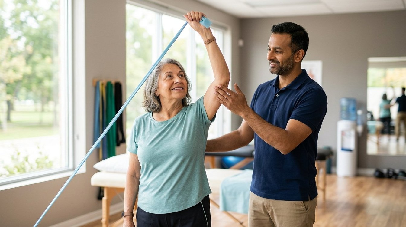 Woman in her sixties reaching overhead with a resistance band during shoulder rehab in Salem, Oregon