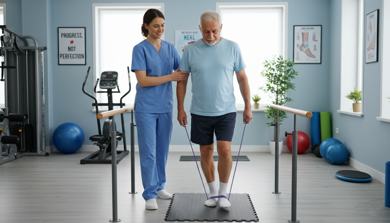 Physical therapy exercises for Achilles tendonitis focusing on ankle strength and walking