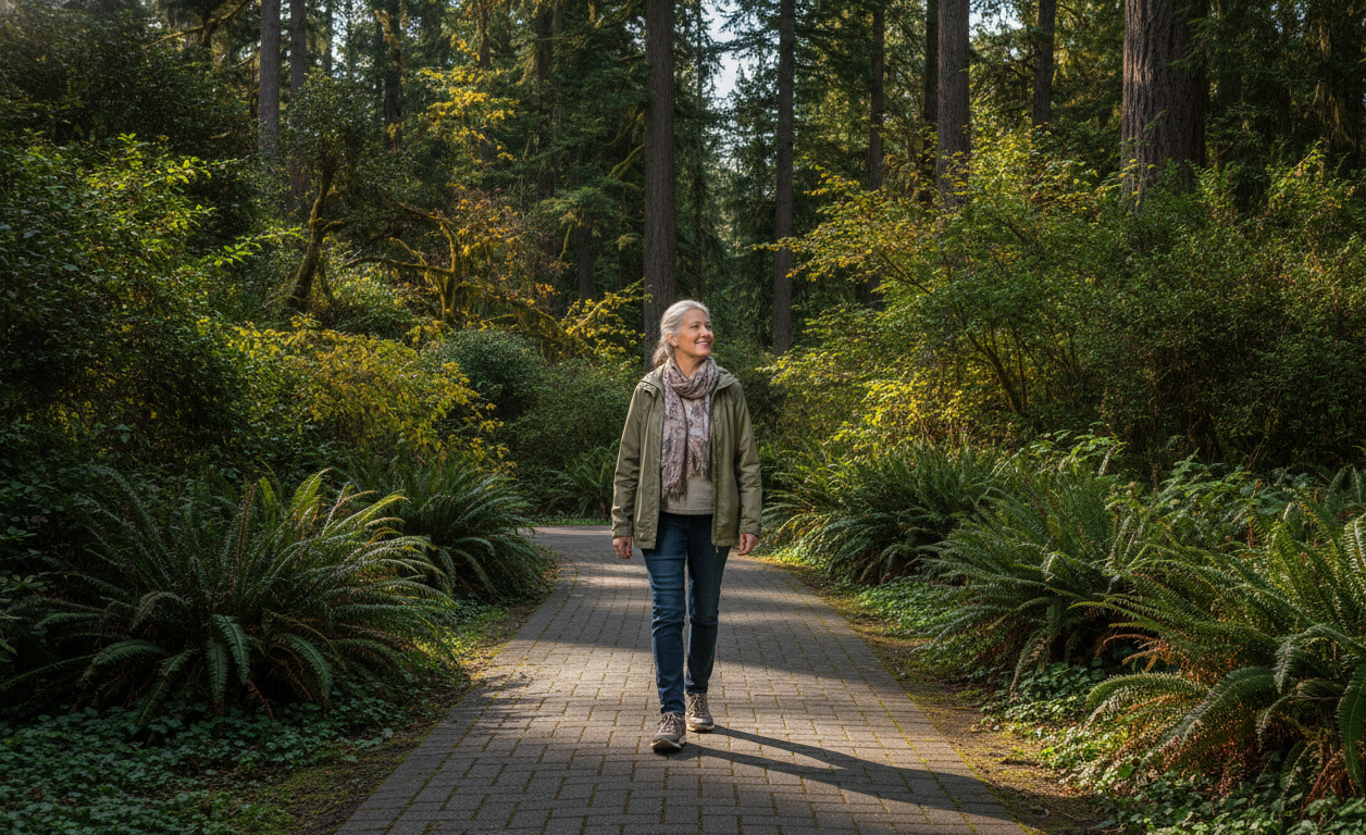 Older adult enjoying a confident walk in a Salem park after improving balance and mobility.