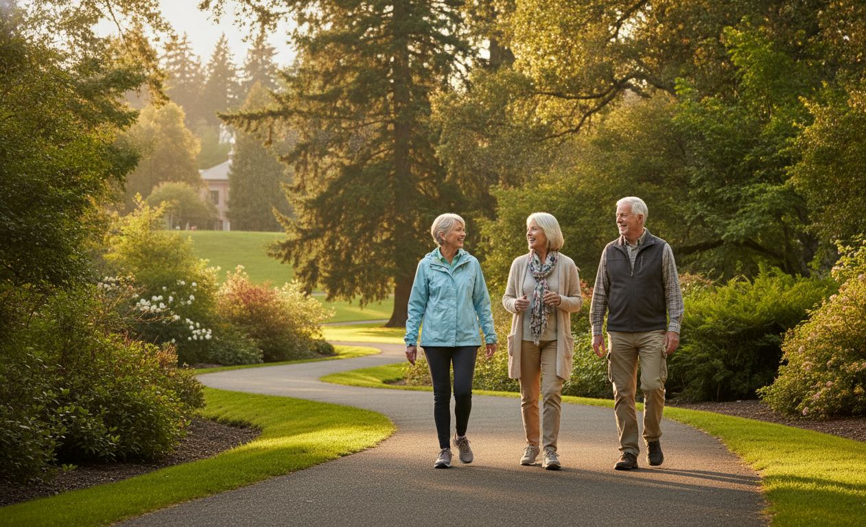 Older adults enjoying an active lifestyle together in a Salem neighborhood park.