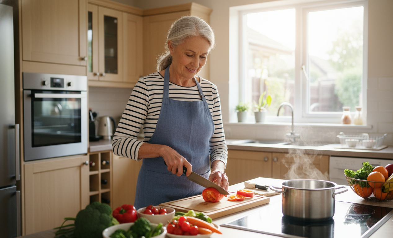 Older adult independently performing daily living activities at home.