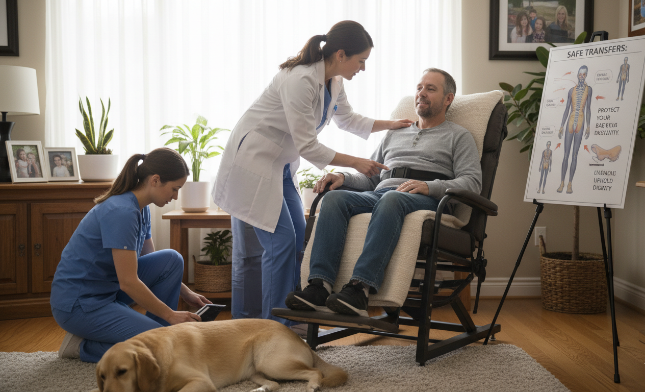 Physical therapist teaching caregivers safe transfers and positioning for ALS care