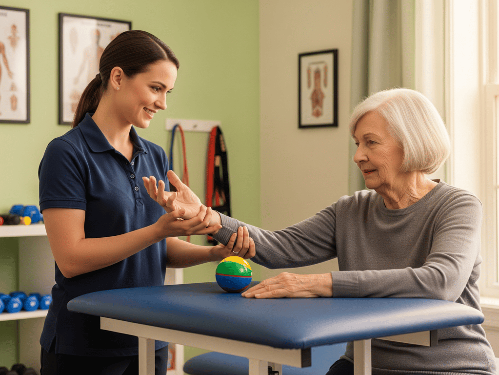 Physical therapist treating an older woman's arthritic hand at a Salem, Oregon clinic