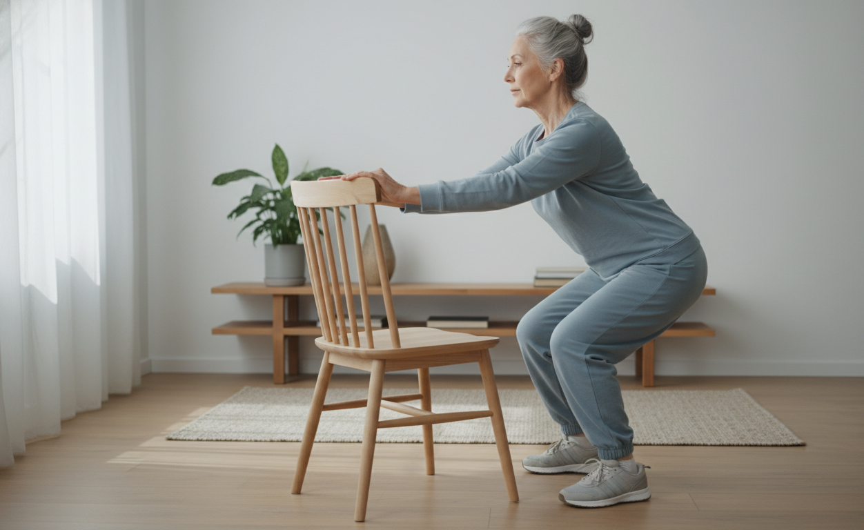 Senior performing chair squat exercise for arthritis pain relief at home