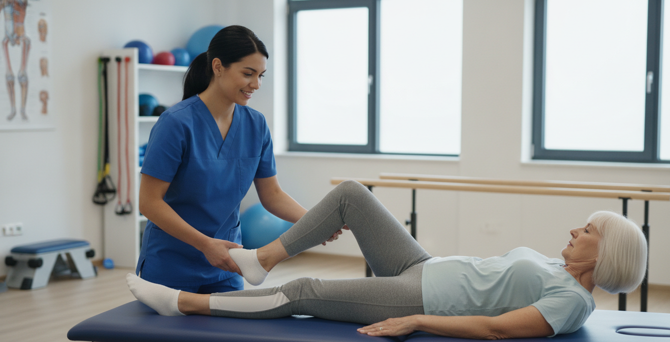 Physical therapist helping a senior improve joint mobility with arthritis exercises