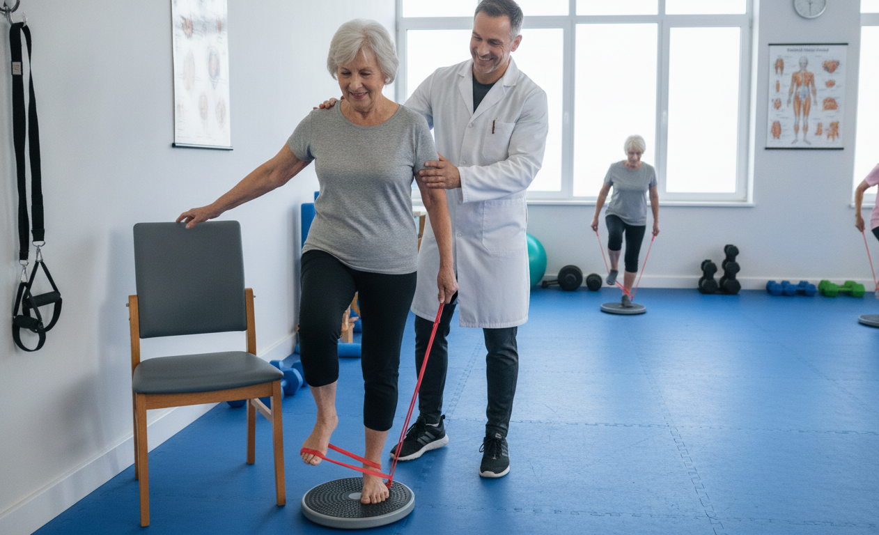 Senior performing arthritis strength and balance exercises during physical therapy