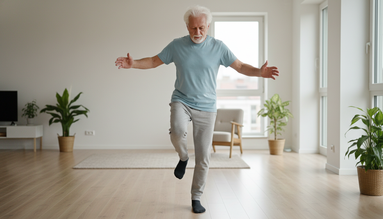 Person practicing single-leg balance exercises to improve ankle stability for peroneal tendonitis