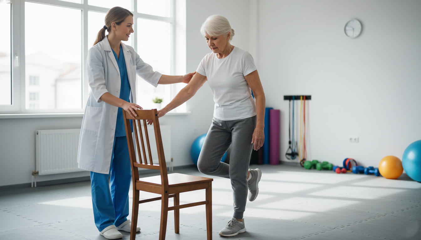 Physical therapist assisting senior with balance exercises for dizziness treatment