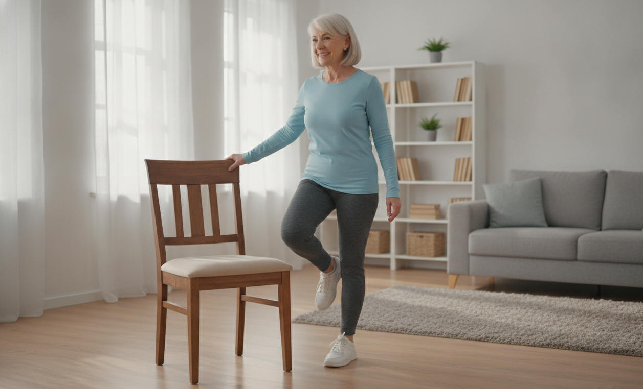 Older adult practicing balance exercises at home to improve stability.