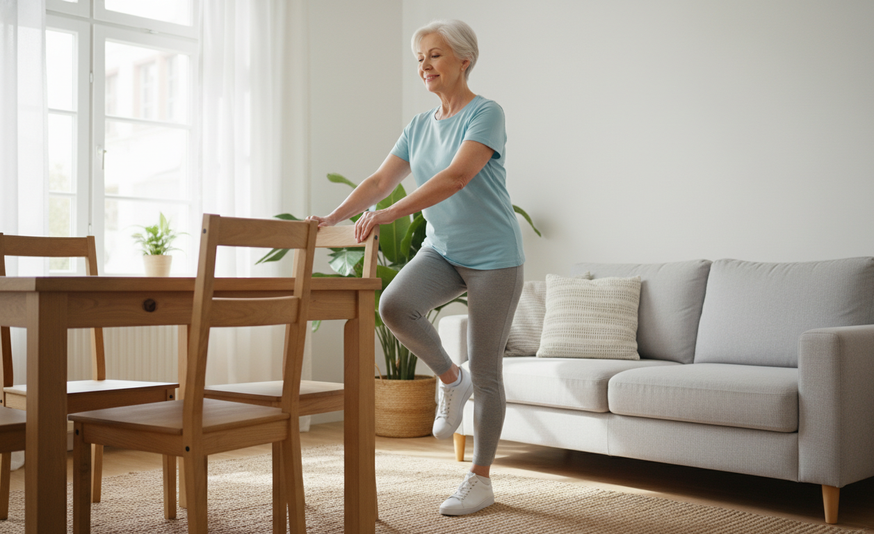 Senior practicing balance exercises at home to improve stability and prevent falls