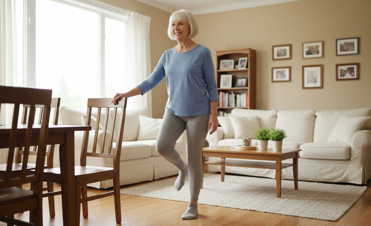 Senior woman practicing balance exercise at home while holding chair for support