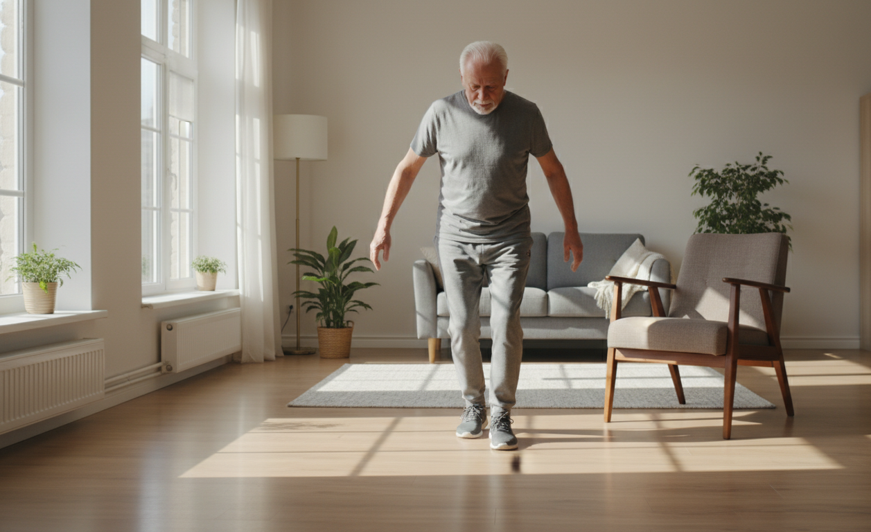 senior performing heel to toe walking exercise at home for balance improvement