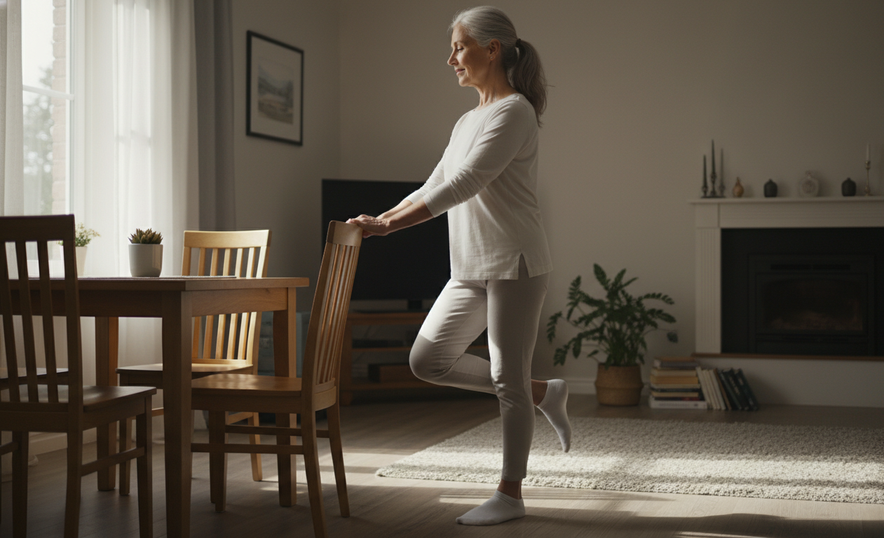 Senior doing balance exercise at home to improve stability and prevent falls