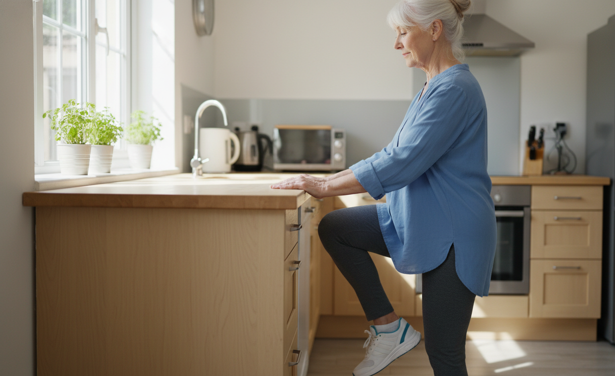 Senior woman doing balance exercises at home to reduce fall risk from neuropathy