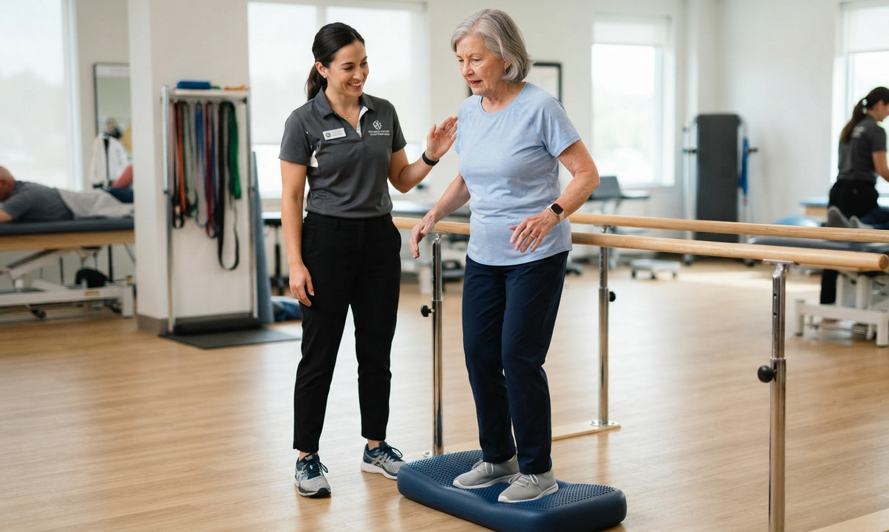 Older adult practicing balance exercises with a physical therapist to reduce dizziness and prevent falls.