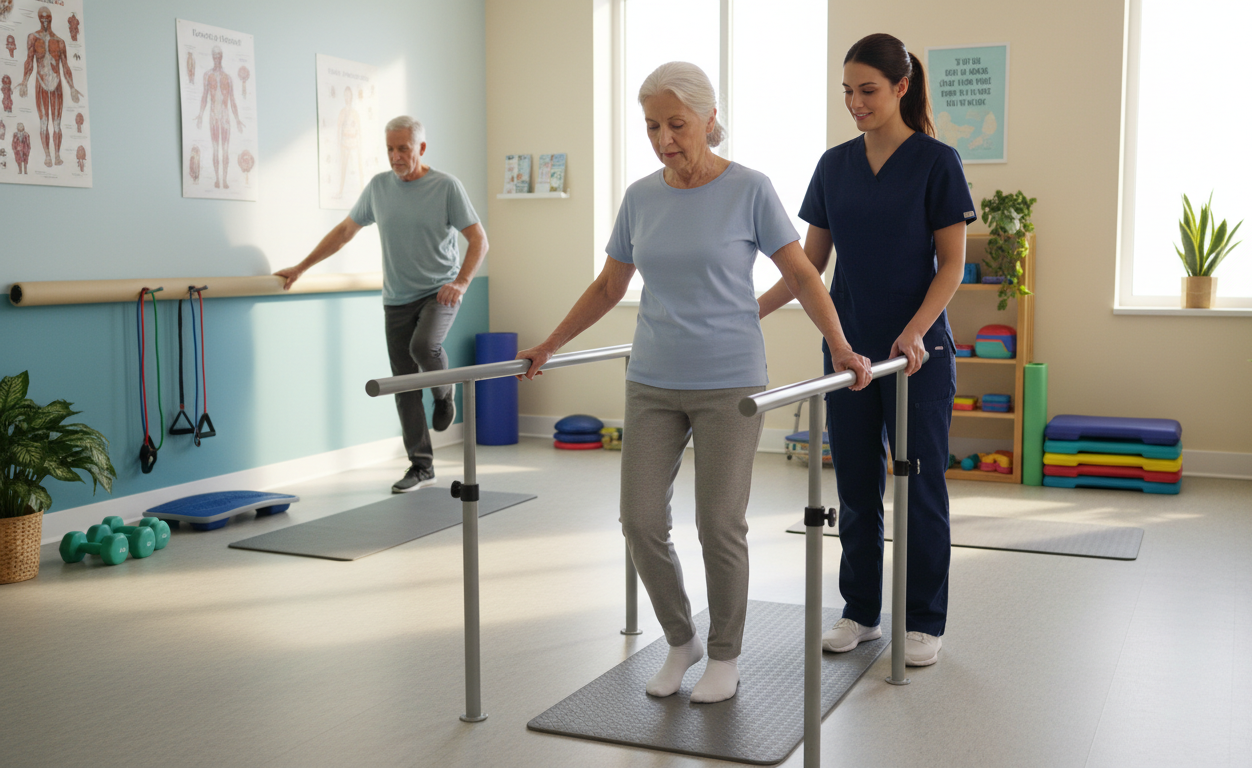 Senior practicing standing balance exercises during physical therapy