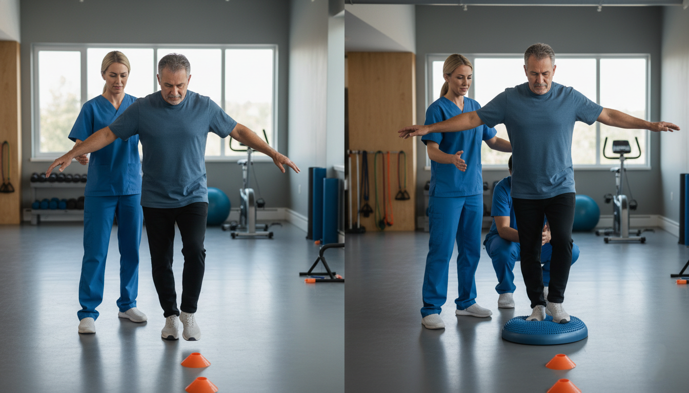 Patient performing balance exercises for walking stability during physical therapy