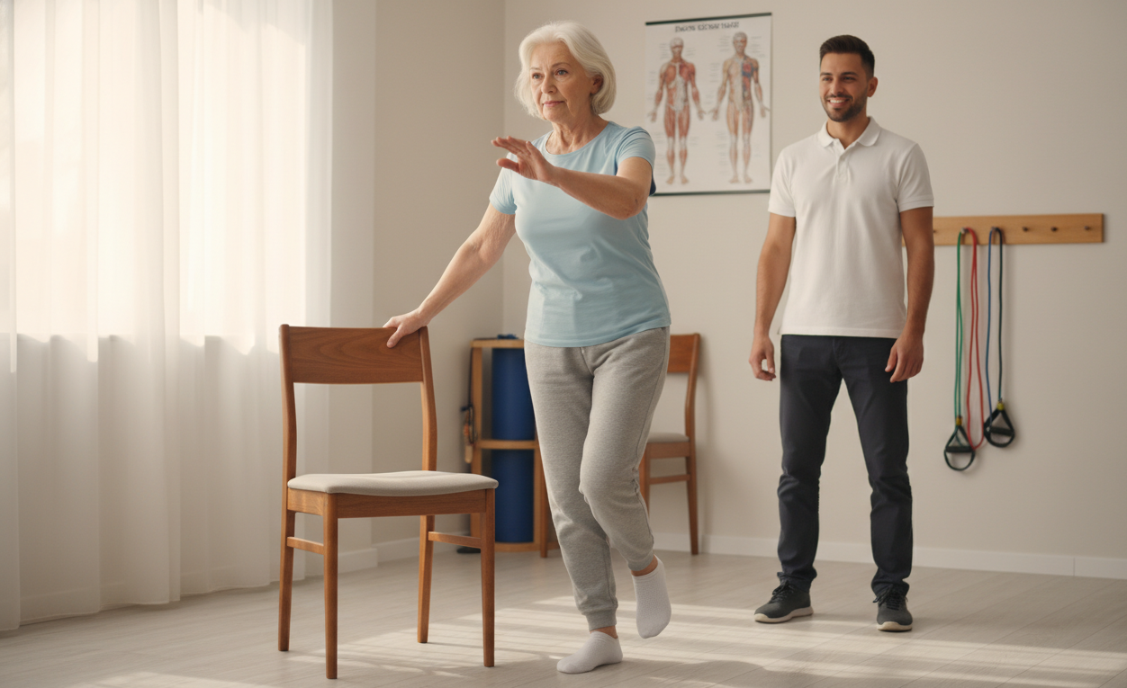 Senior practicing balance exercise to improve walking stability and prevent falls