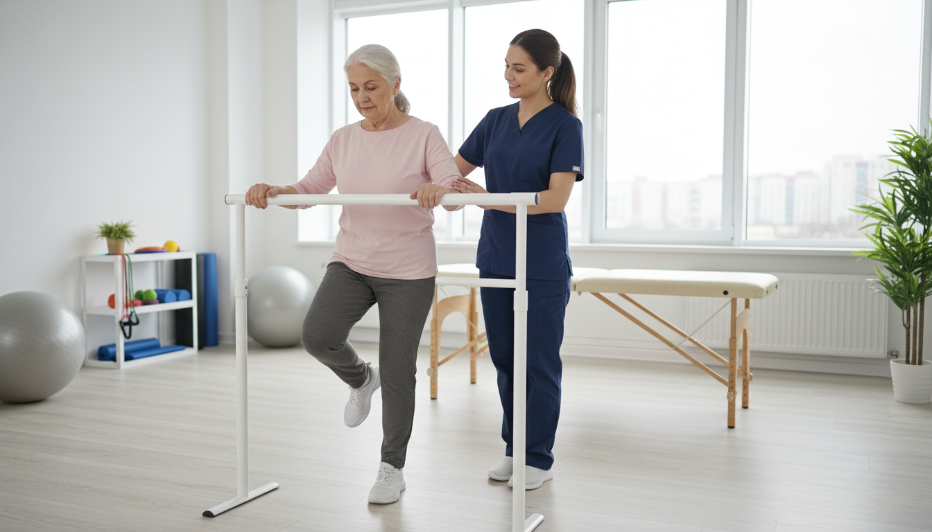 senior performing balance exercises with physical therapist guidance