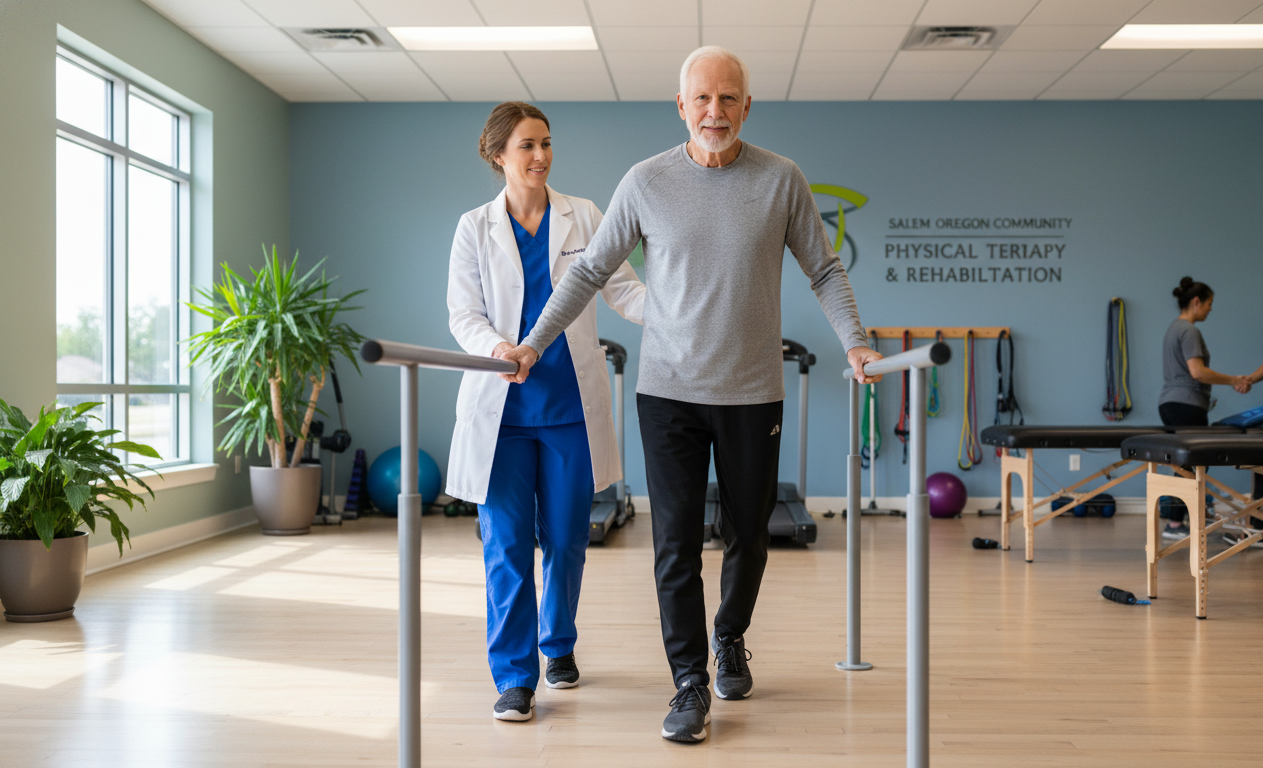 Physical therapist helping older adult improve balance and walking strength