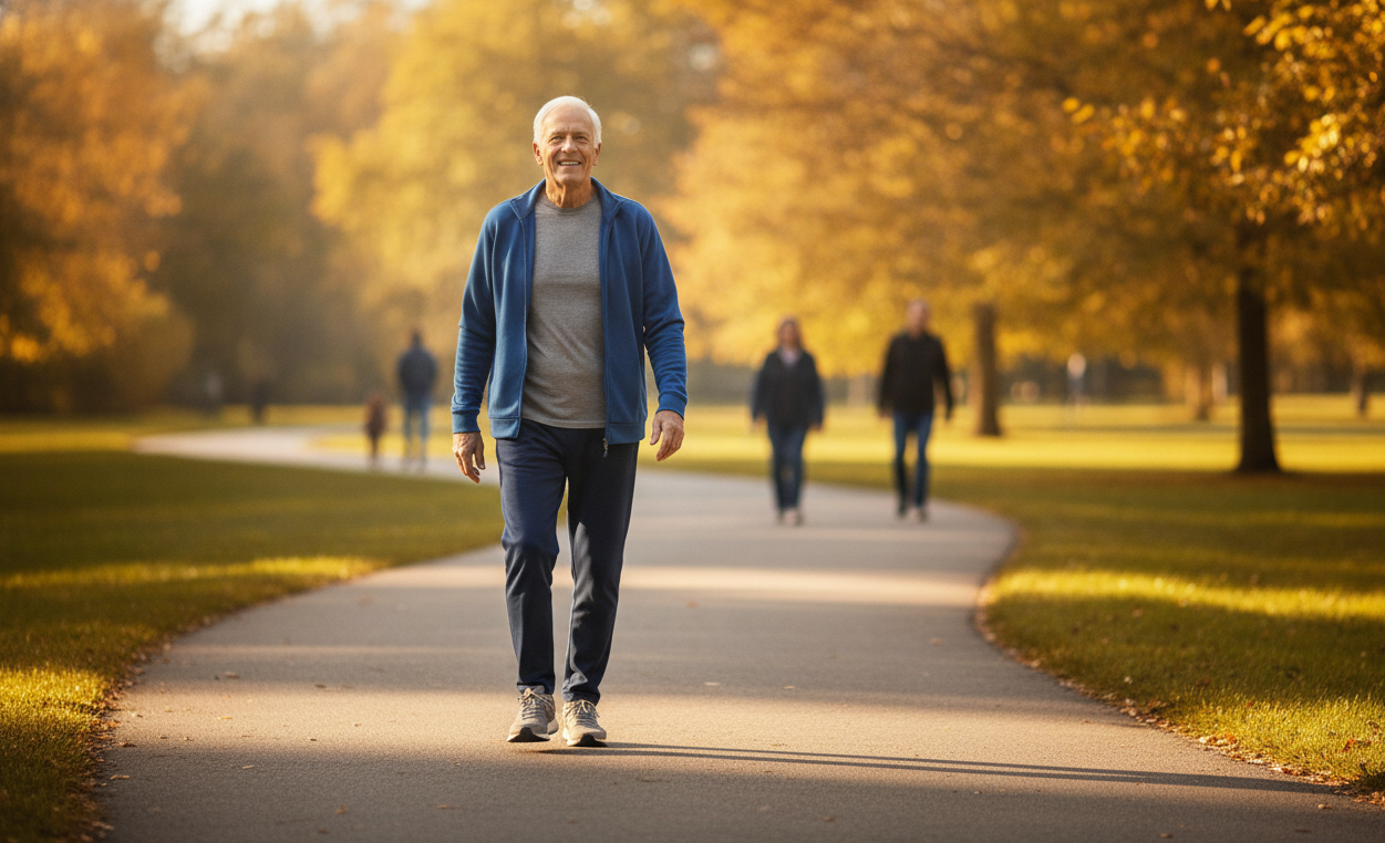 Older adult walking confidently after improving balance and mobility.