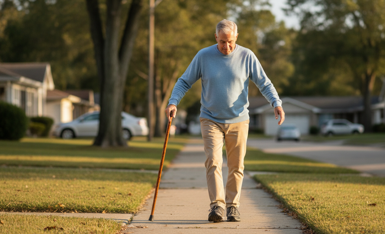 Older adult walking carefully due to balance and mobility challenges.