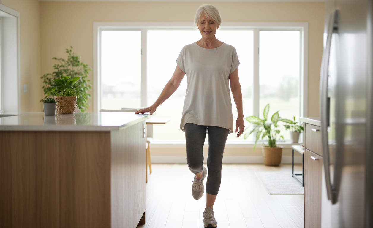 Older adult practicing balance training exercises to reduce fall risk and improve stability