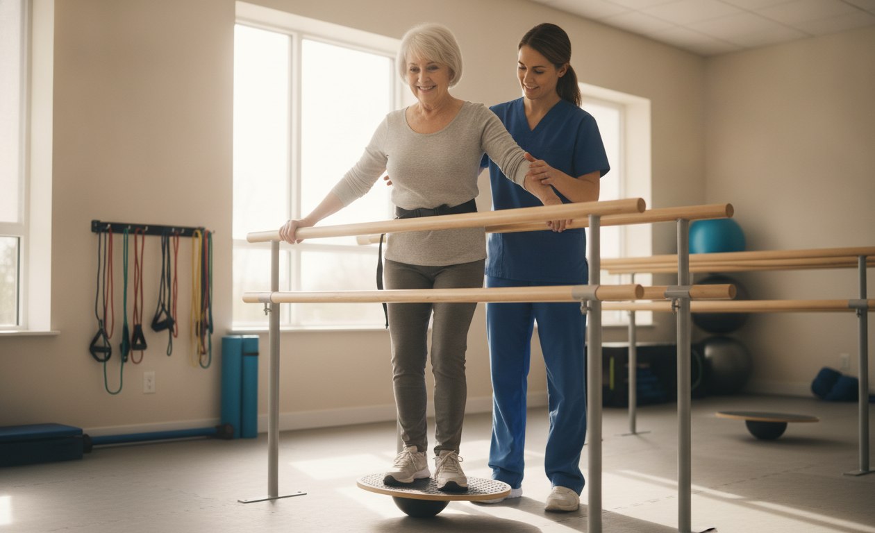 Senior improving balance and reducing fall risk through physical therapy