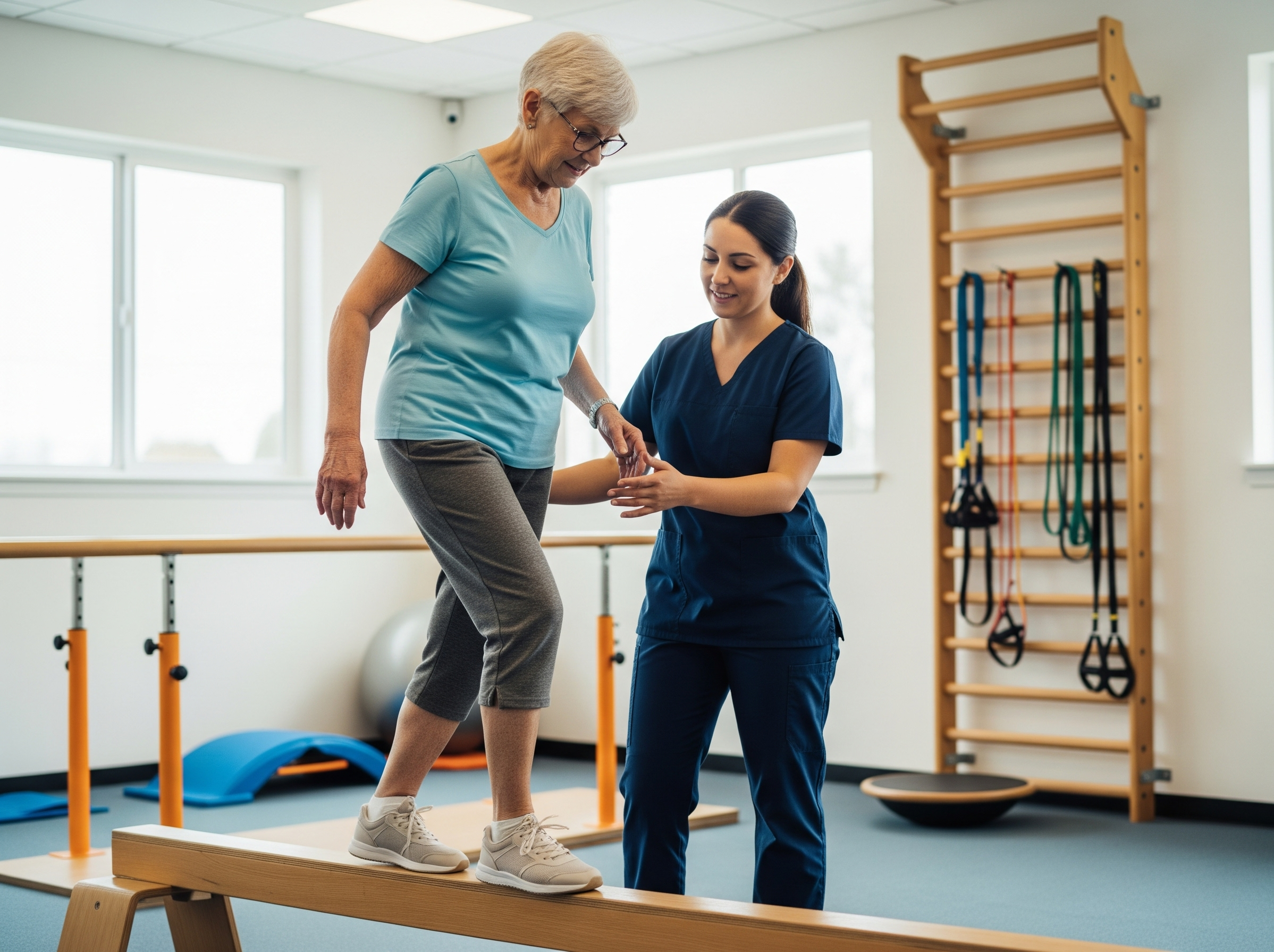 Senior woman doing balance training exercise in Salem, Oregon physical therapy clinic
