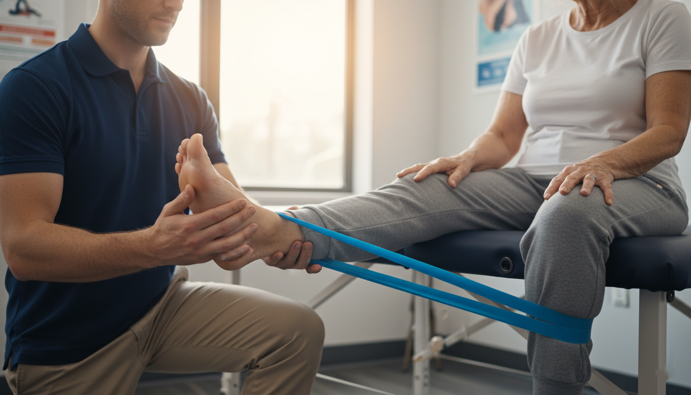 Patient performing resisted ankle eversion exercises to strengthen the peroneal tendons.