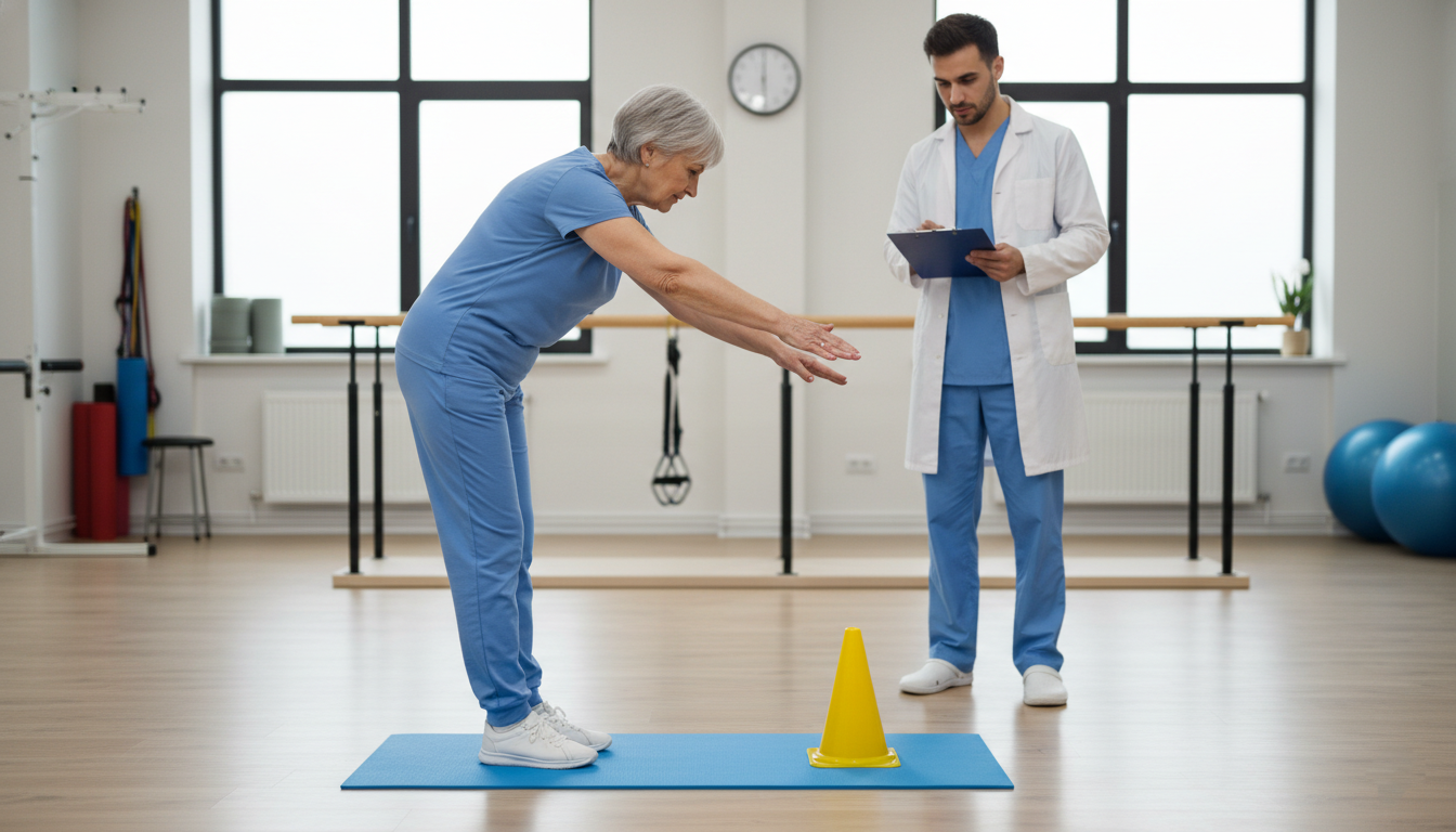 Senior performing Berg Balance Scale reaching task during physical therapy evaluation