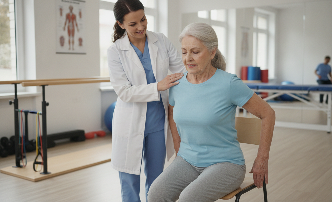 Senior performing knee strengthening exercises to reduce knee pain after 60