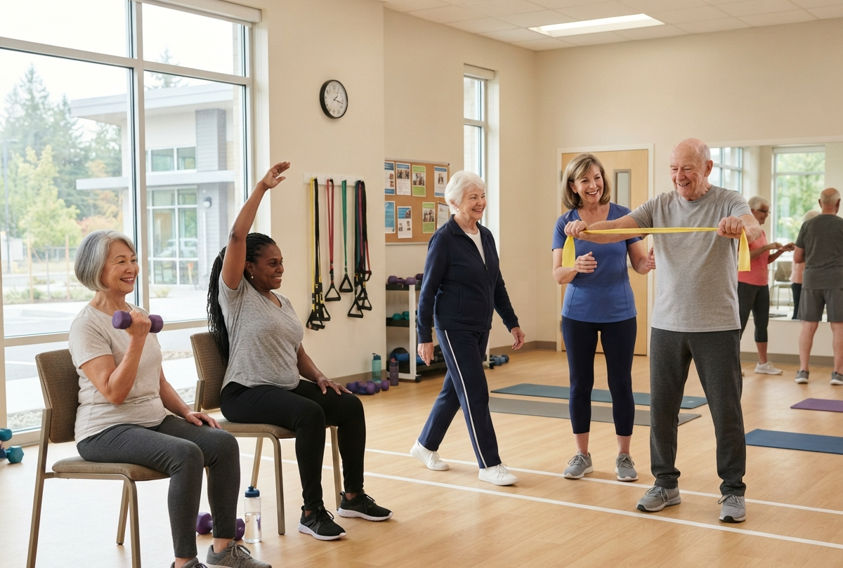 Older adults performing low-impact arthritis-friendly exercises including walking, stretching, and chair exercises.