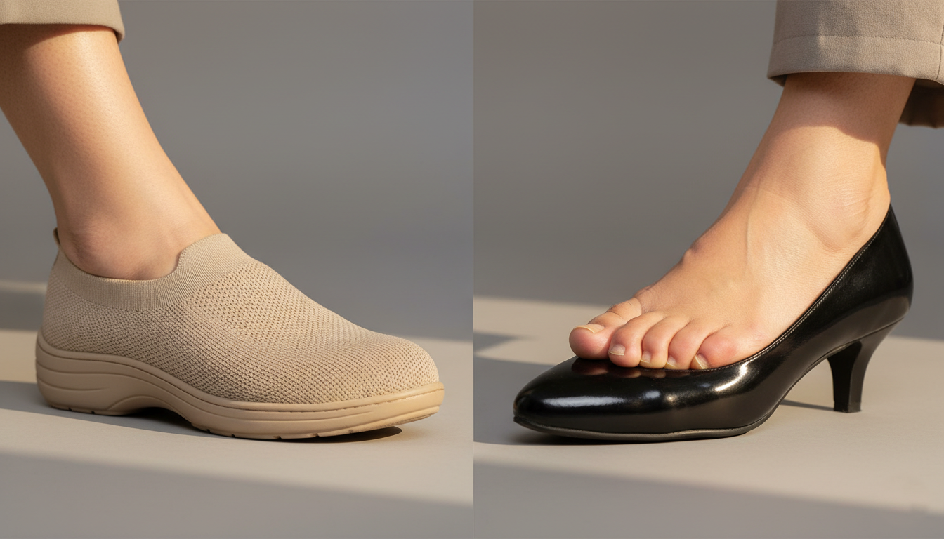 Supportive shoes with a wide toe box that help reduce bunion pain during physical therapy