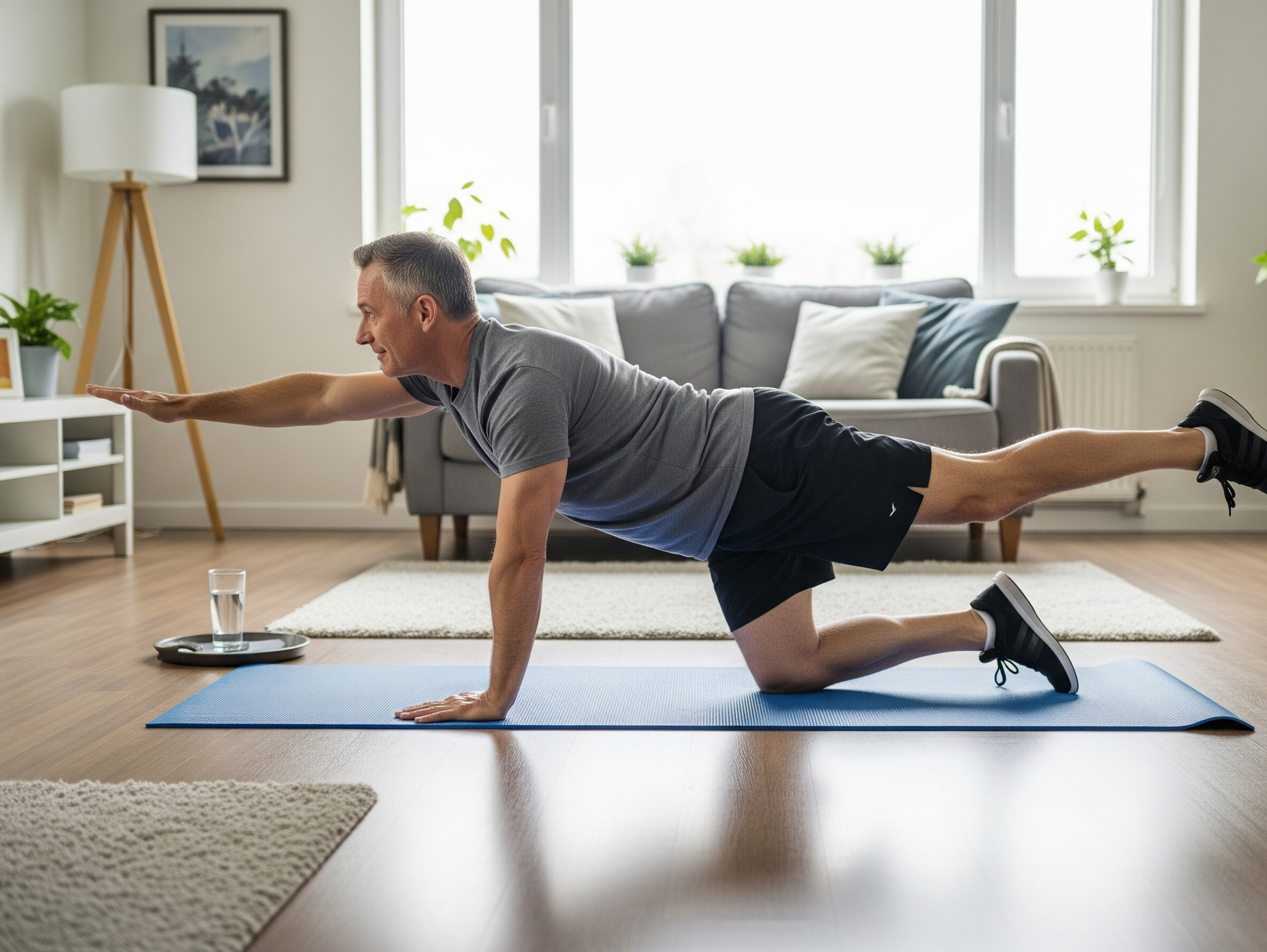 Bird-dog exercise for degenerative disc disease performed at home in Salem, Oregon