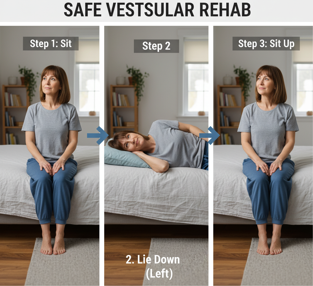 Patient performing Brandt-Daroff exercises for BPPV home therapy under PT supervision