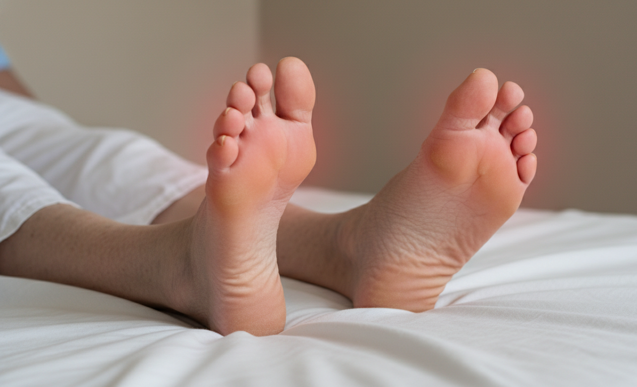 Close-up of elderly feet showing symptoms of burning and numbness from age-related neuropathy