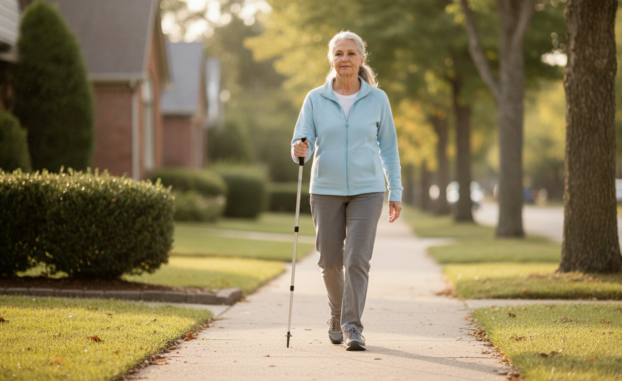 Older adult walking carefully due to balance and mobility challenges related to foot pain.