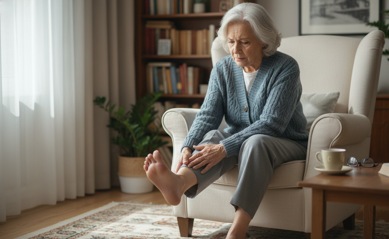 Older adult experiencing burning or tingling sensations in the feet
