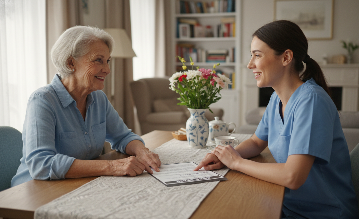 Caregiver discussing a relief plan with a respite nurse in a calm home setting.