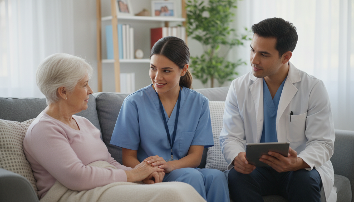 Caregiver supporting a senior during an in-home lab testing appointment